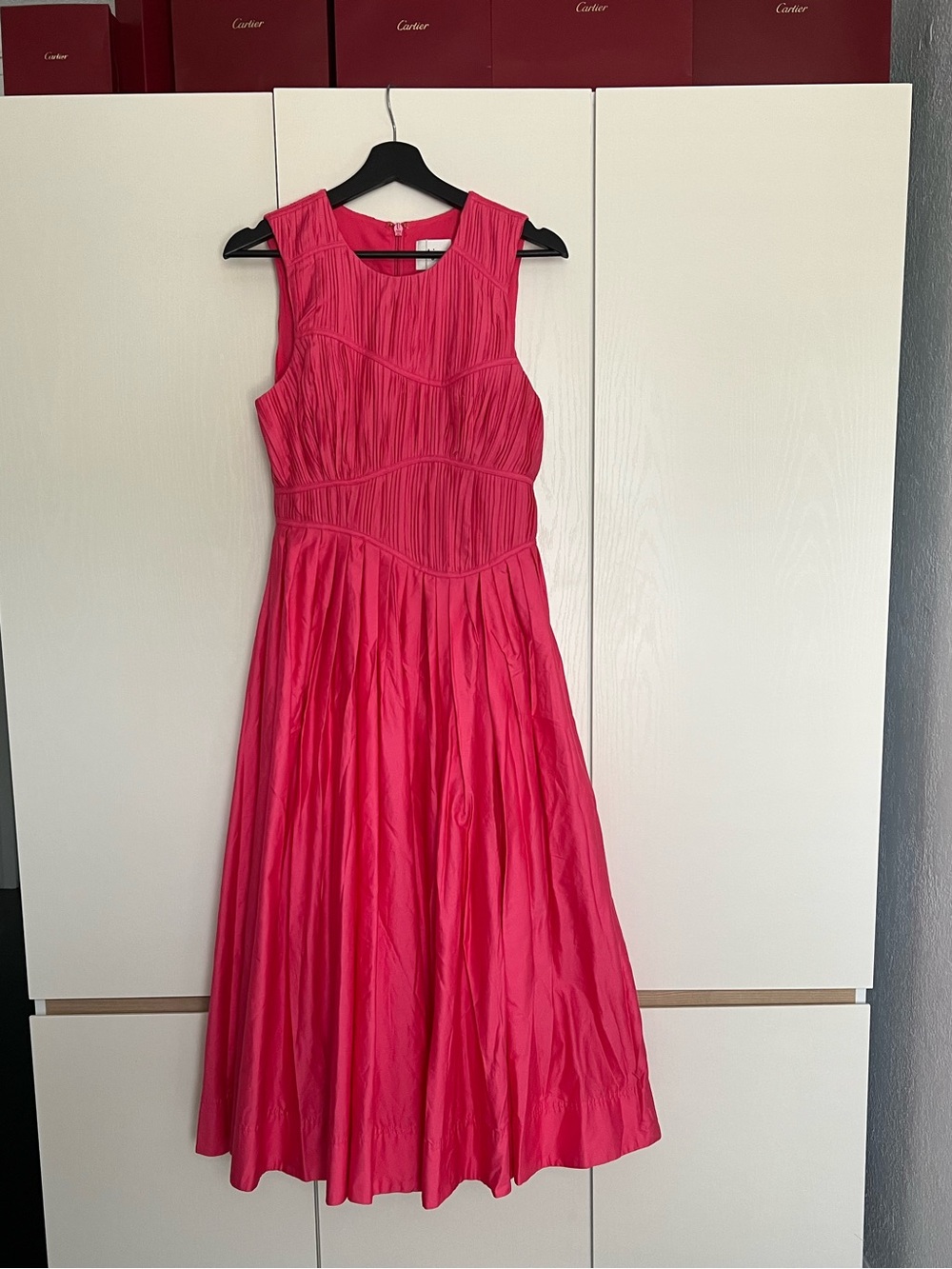 Aje Sculptra Nya Gathered midi dress in rouge pink color